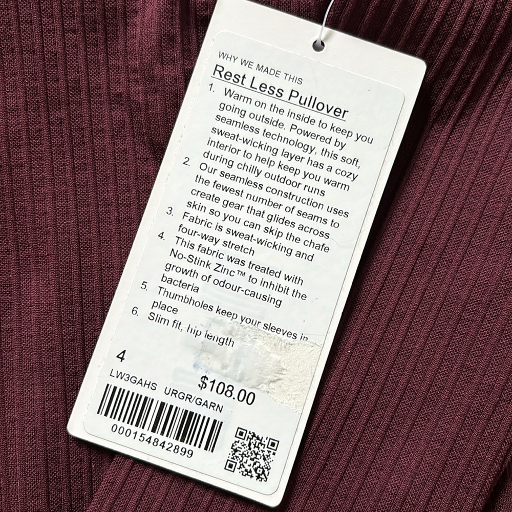 LULULEMON REST LESS PULLOVER RIBBED IN GARNET SZ 4 NWT - Picture 5 of 6